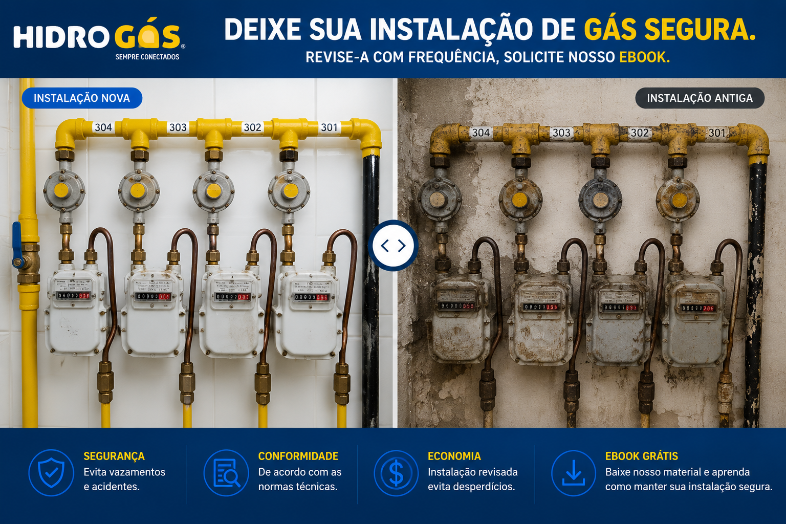 Deixe sua instalação de gás segura — compare instalação nova x antiga e solicite o e-book HidroGás®